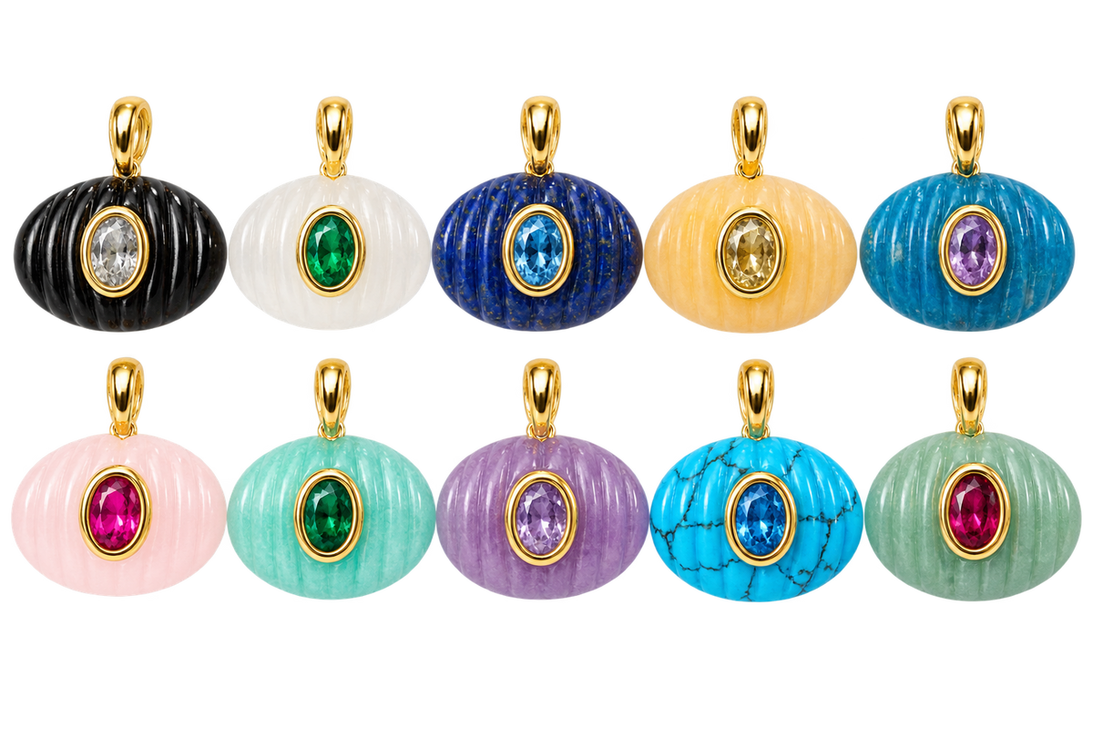 Natural Stone Carved Oval Pendant Charm with CZ Inlay